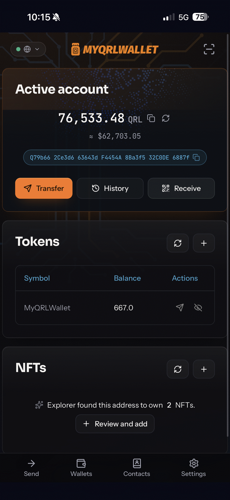 The mobile home screen: active account balance, tokens, and NFTs