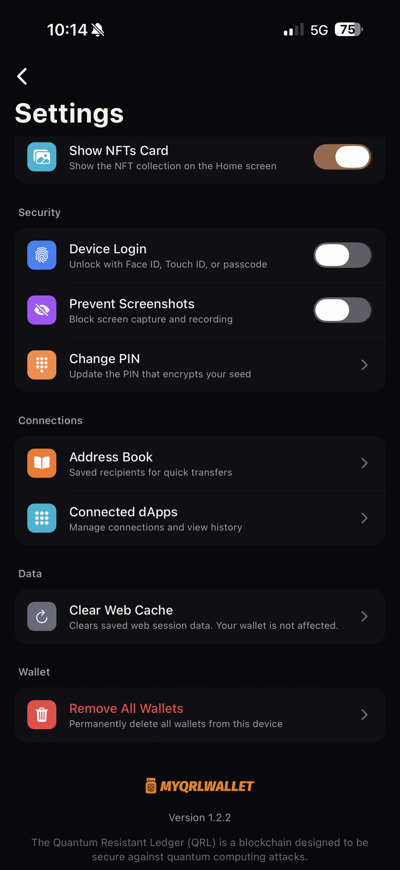 The settings screen: device login, screenshot prevention, PIN, address book, connected dApps