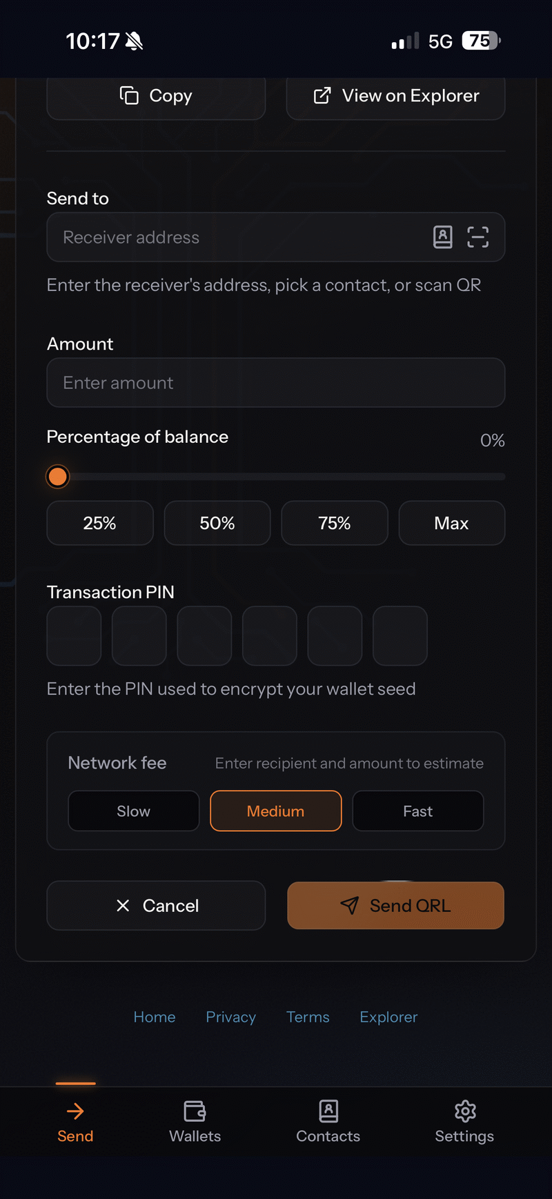 The transfer screen: transaction PIN entry and network fee selection