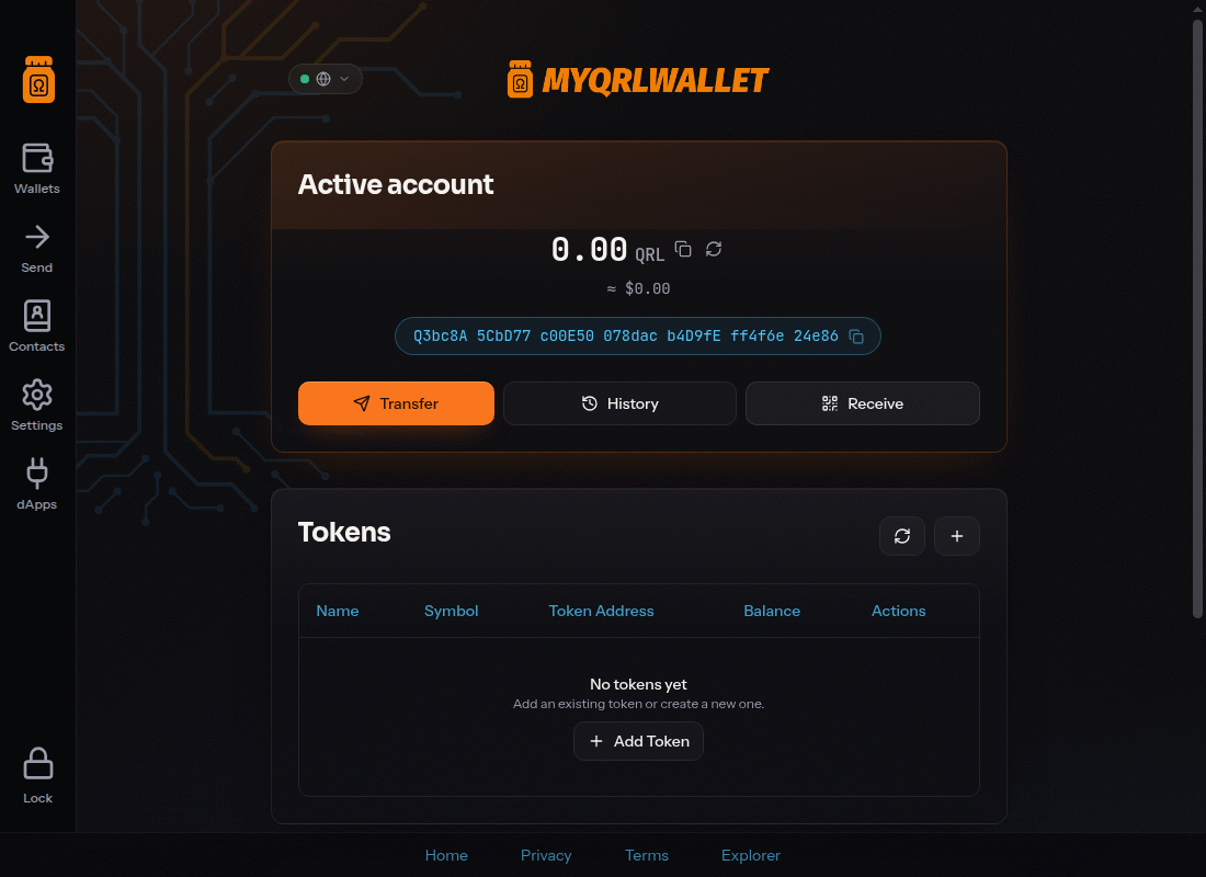 The MyQRLWallet Desktop home screen showing the active account, balance, and token list