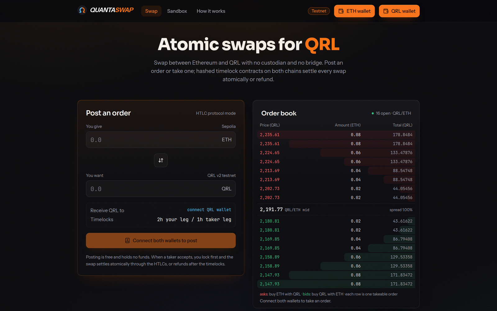 The QuantaSwap swap page: post an order on the left, the live order book on the right
